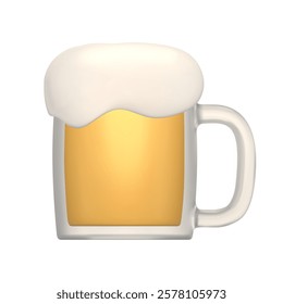 Beer mug with handle. Beer with foam in 3D cartoon style. Alcohol drink with foam. Vector 3D realistic illustration isolated on white background.