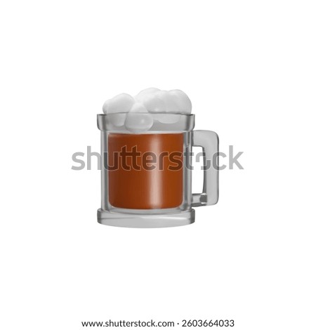 Beer mug with handle and foam 3D plastic style icon. Glass with dark froth beer. Cartoon cup of brown malt alcohol drink. Vector render illustration isolated on white background