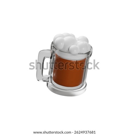 Beer mug with handle and foam 3D plastic style icon. Vector render illustration of glass with dark froth beer. Cartoon cup of brown malt alcohol drink isolated on white background