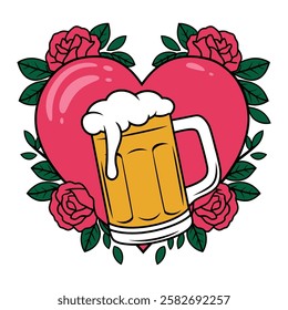 Beer Mug with Heart and Roses Illustration