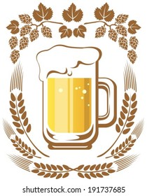 Beer mug and hop on a white background.