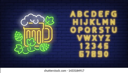 Beer mug with hop plant neon sign. Beer and party design. Night bright neon sign, colorful billboard, light banner. Vector illustration in neon style.