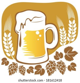 Beer mug and hop silhouettes on a brown background.