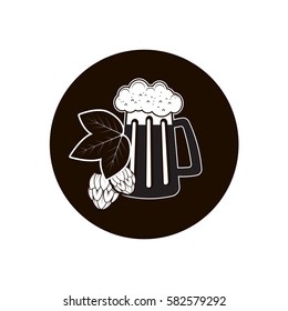 Beer mug with hope cone, windmill in a field and ears of wheat. Vector illustration in flat style. Template for logo, badge or pub brand identity.