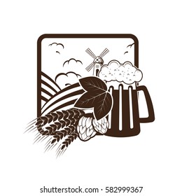 Beer mug with hope cone, windmill in a field and ears of wheat. Vector illustration in flat style. Template for logo, badge or pub brand identity.