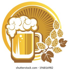 Beer mug and hops on a white background.