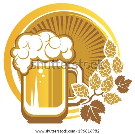 Beer mug and hops on a white background.