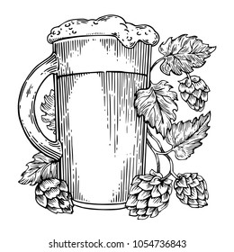 Beer Mug And Hops Plant Engraving Vector Illustration. Scratch Board Style Imitation. Black And White Hand Drawn Image.