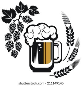 Beer mug and hops and wheat ears isolated on a white background.