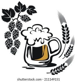 Beer mug with hops and wheat ears isolated on a white background.