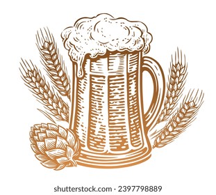 Beer mug, hops and wheat. Pub, brewing, sketch vintage vector illustration