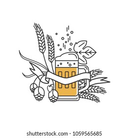 Beer mug, hops, wheat and ribbon . Linear icon. Sign, design elements, symbol, emblem, label, logo for brewery, beer restaurant, pub, bar, menu, website. Vector illustration.