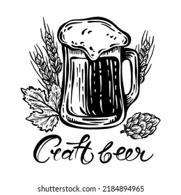 BEER MUG HOPS WHEAT Tasty Drink In Mug With Foam And Ears Of Wheat Handwritten Text Craft Beer Hand Drawn Monochrome Sketch Cartoon Vector Illustration Set