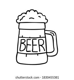 Beer mug icon. Black contour silhouette. Cute sketch drawing. Vector flat graphic hand drawn illustration. The isolated object on a white background. Isolate.