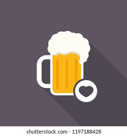Beer mug icon with heart sign. Alcohol beverage icon and favorite, like, love, care symbol. Vector illustration