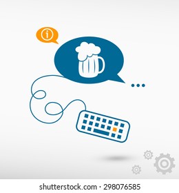 Beer mug icon and keyboard on chat speech bubbles. Line icons for application and creative process.