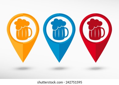 Beer mug icon map pointer, vector illustration. Flat design style