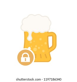 Beer mug icon with padlock sign. Alcohol beverage icon and security, protection, privacy symbol. Vector illustration