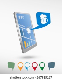 Beer mug icon and perspective smartphone vector realistic. Set of bright map pointers for printing, website, presentation element and application mockup