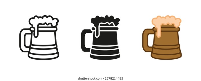 Beer mug icon. Pint of ale symbol. Vintage wooden beer mug with foam vector illustration. Medieval tavern or pub symbol. Rustic bar sign. Alcohol beverage draft pictogram. Oktoberfest logo. Beer mug.