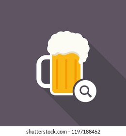 Beer mug icon with research sign. Alcohol beverage icon and explore, find, inspect symbol. Vector illustration