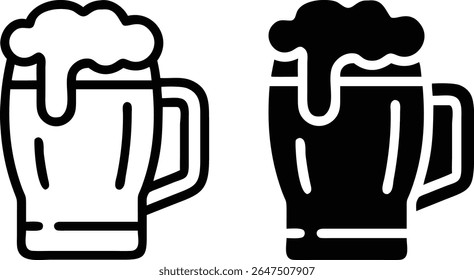 Beer Mug Icon Set – Black and White Foam Drink Symbol Vector Illustration