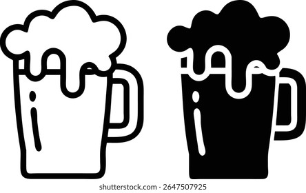 Beer Mug Icon Set – Black and White Frothy Drink Symbol Vector Illustration