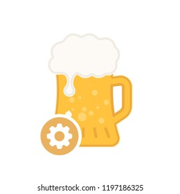 Beer mug icon with settings sign. Alcohol beverage icon and customize, setup, manage, process symbol. Vector illustration
