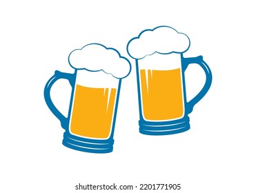 Beer mug icon or sign. Cheers, toast symbol. Toasting mugs with foam. Vector illustration.