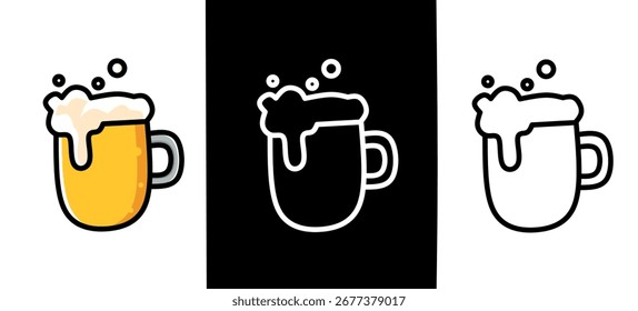 Un icono de taza de cerveza con tres variaciones de diseño en colores, negro y estilos de contorno que representan alcohol, bebidas, cultura de pub, celebración de fiesta e ilustración de bebidas.
