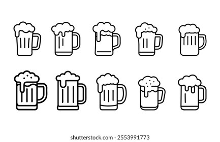 Beer Mug Icons with Foam Variation, Set of beer mug icons showcasing different foam styles, created in clean line art for beverage or celebration themes.