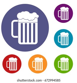 Beer mug icons set in flat circle reb, blue and green color for web