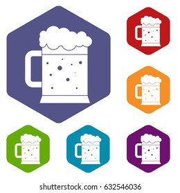 Beer mug icons set hexagon isolated vector illustration