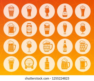 Beer Mug icons set. Web sign kit of tall glass. Bar pictogram collection includes pint, alcohol beverages, hop. Simple Pub ware vector symbol. Icon shape carved from circle on colorful background