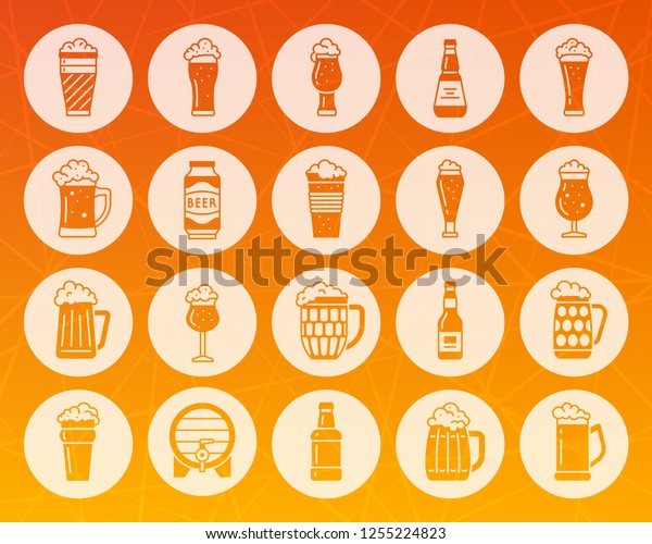 Beer Mug icons set. Web sign kit of tall\
glass. Bar pictogram collection includes pint, alcohol beverages,\
hop. Simple Pub ware vector symbol. Icon shape carved from circle\
on colorful background
