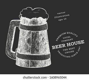 Beer mug illustration. Hand drawn vector pub beverage illustration on chalk board. Engraved style. Vintage brewery illustration.