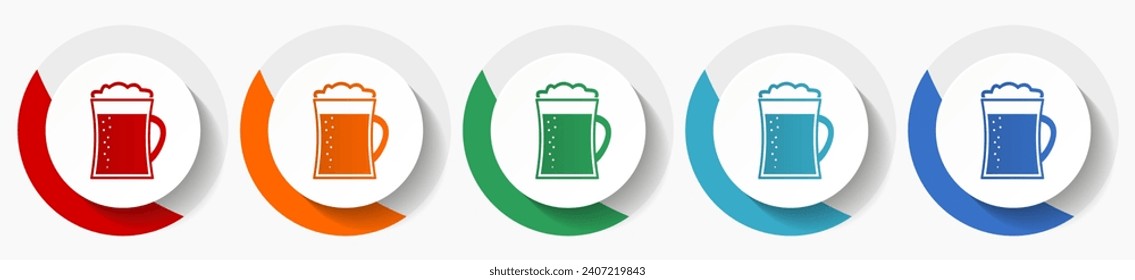 Cerveza en taza, lager, bebe conjunto de iconos vectoriales, iconos planos para el diseño del logo, diseño web y aplicaciones móviles, botones redondos coloridos
