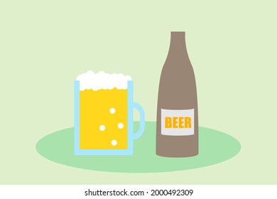 The beer is in the beer mug. A large amount of foam is floating on top of the beer. Vector illustration.