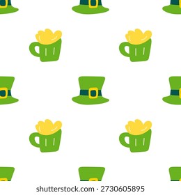 Taza de cerveza y sombrero de duende sin patrón plano, colorido fondo de la fiesta del día de San Patricio