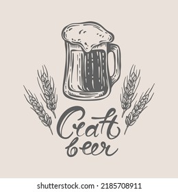 BEER MUG AND LETTERING Tasty Drink In Mug With Foam And Ears Of Wheat Handwritten Text Craft Beer Hand Drawn Monochrome Sketch Cartoon Vector Illustration Set