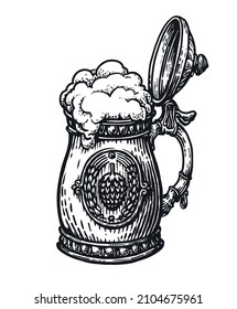 Beer mug with lid. Brewery, Oktoberfest festival. Beer pint sketch vector illustration