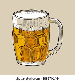 Bierkrug mit leichtem Bier und Schaumstoff. Handgezeichnete, mehrfarbige Vektorgrafik.