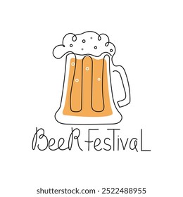 Beer mug, line art style. Lettering, outline drawing. Beer day, festival, october, holiday. Vector illustration, isolated background.