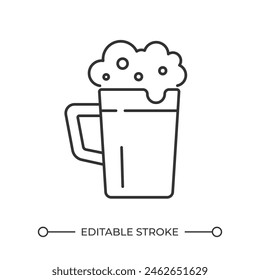 Beer mug linear icon. Frothy drink. Alcoholic drink. Happy hour. Refreshing craft beer. Drinking culture. Thin line illustration. Contour symbol. Vector outline drawing. Editable stroke