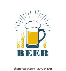 Beer mug logo, icon or label. Brewery, pub or bar emblem design template with beer glass. Vintage alcohol drink badge with wheat. Vector illustration.