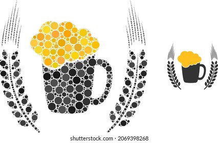 Beer mug logo vector collage of round dots in different sizes and color tones. Round dots are combined into beer mug logo vector collage. Abstract vector illustration.