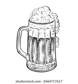 The beer mug is made of glass. Vector engraving for web pages, posters, party invitations. A hand-drawn design element highlighted on a white background. For a pub or restaurant menu, label, poster.