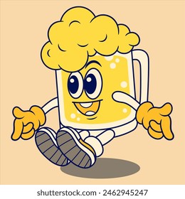 Beer Mug Mascot Character. Retro Flat Cartoon Style. Cartoon Funny Character. Vector Illustration for Logo, Mascot, Merchandise, T-shirt, Stickers, etc.