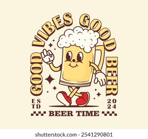 Beer mug mascot character. Retro cartoon style, Vector Illustration for Logo, Mascot, Merchandise, T-Shirt, Stickers, etc.