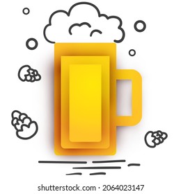 Beer mug in modern geometric style with cartoon doodle elements. Minimalistic paper cut design element. Template for branding event, ads, background. Vector illustration.
